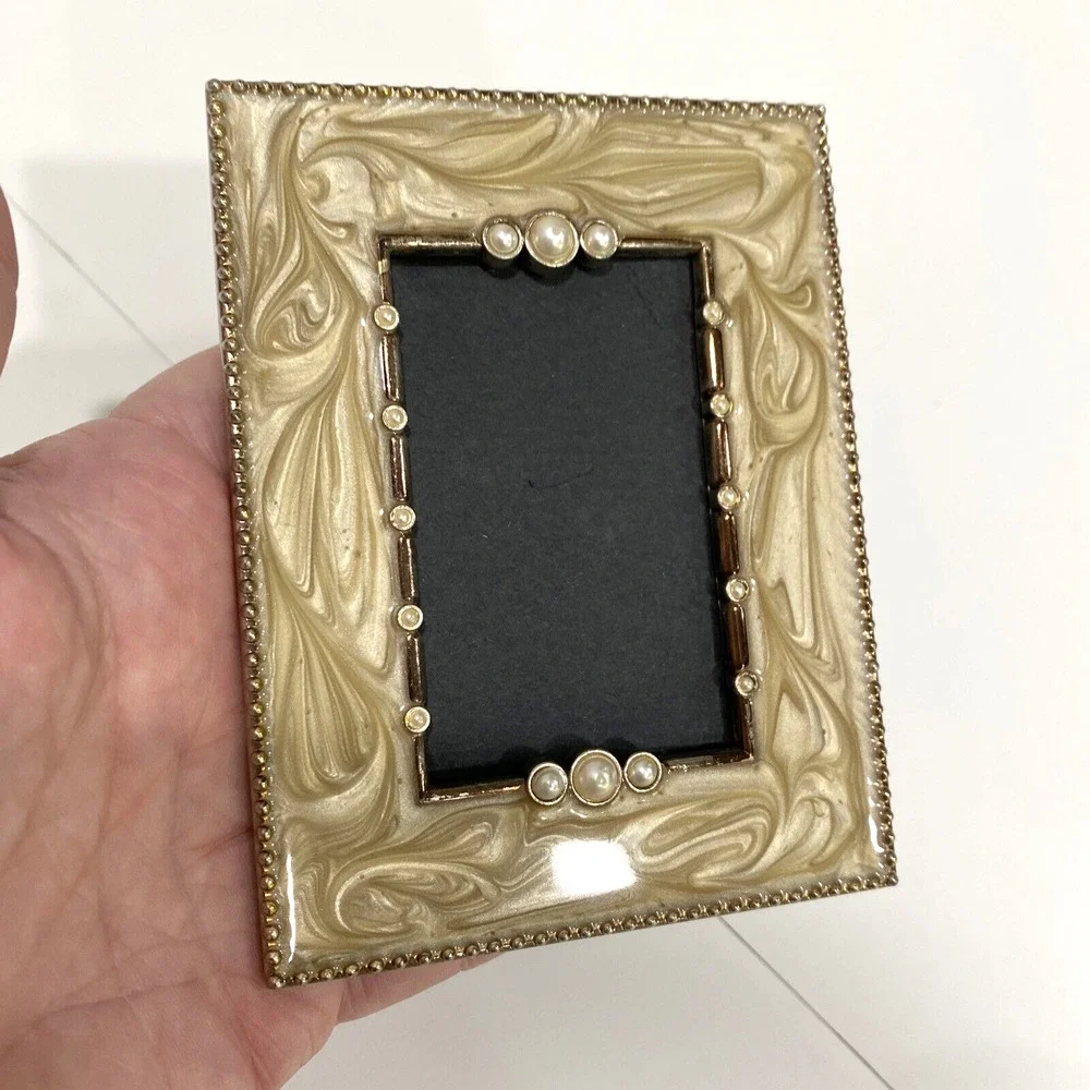 Art Nouveau style standing photo frame silver tone & beige enamel faux pearls